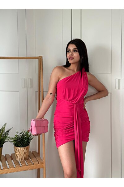 Angel Mia Seleni Tek Omuz Tül Elbise Fuşya