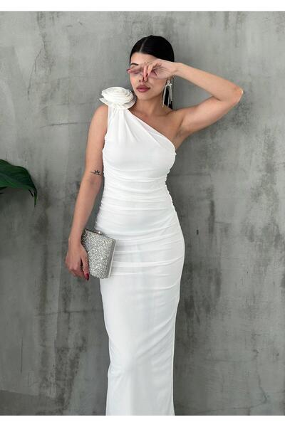 Angel Mia Tek Omuz Çiçek Detaylı Tül Elbise Beyaz