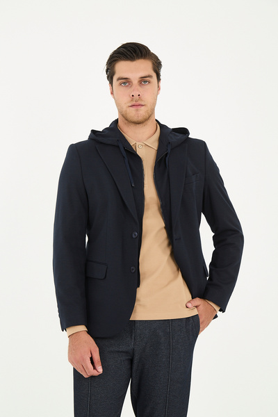 Frappoli Marcio Erkek Lacivert Çıkarılabilir Kapşonlu Yarım Astar Slim Fit Mono Yaka Spor Blazer Ceket