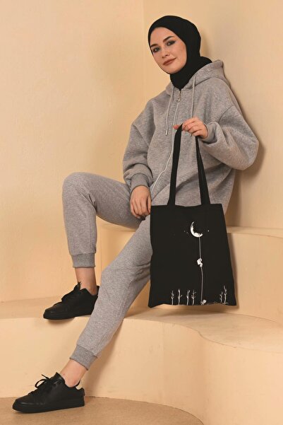 Çınar Bez Çanta Uzaydan Iple Inen Astronot Baskılı Siyah Bez Çanta (TEK TARAFLI)