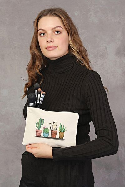 Çınar Bez Çanta Τσάντα μακιγιάζ Clutch Cactus And Cat Canvas