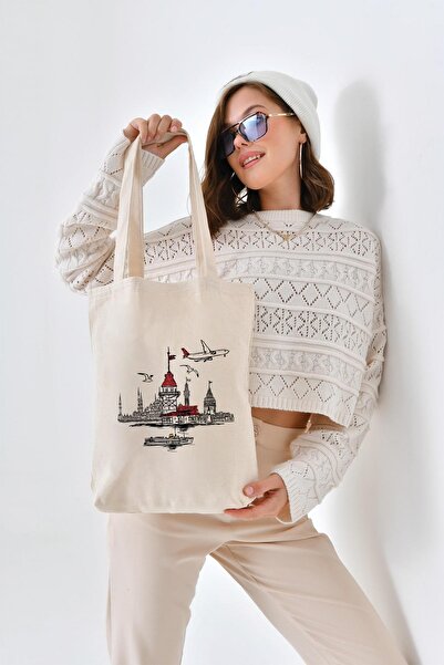 Çınar Bez Çanta İstanbul Kız Kulesi Baskılı Kanvas Bez Çanta
