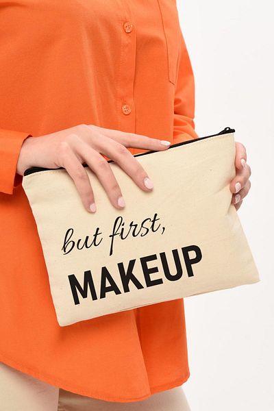 Çınar Bez Çanta Clutch But First Makeup τυπωμένη πάνινη τσάντα μακιγιάζ