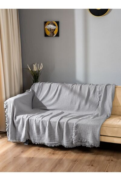 OTEXSA Açık Gri 4 Katlı Çift Taraflı Müslin Koltuk Örtüsü (200 X 220CM- BUZ MAVİSİ)