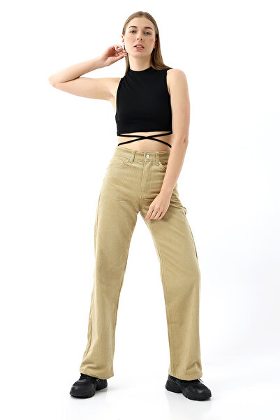 KAGAWA Yüksek Bel Kadife Straight Fit Pantolon