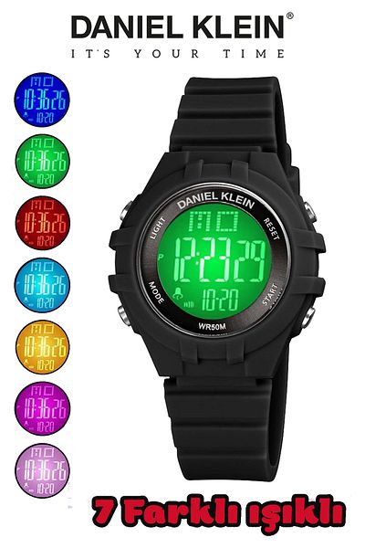 Daniel Klein Black Men's Wristwatch with Alarm and Stopwatch and 7 Different Lights for Age 5-10