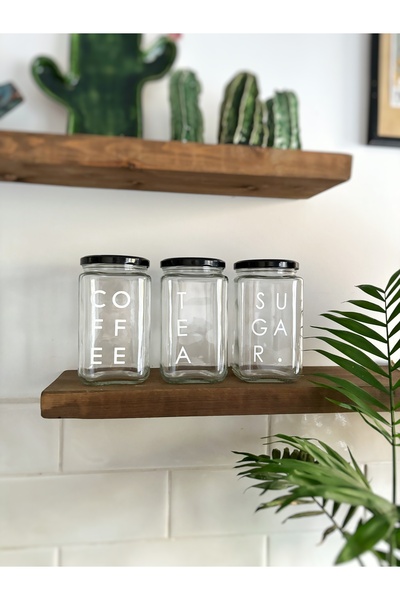 Atölye Merdiven 3-Piece Glass Jar Storage Container Tea Sugar Coffee Label Kitchen Organizing Set 850ml