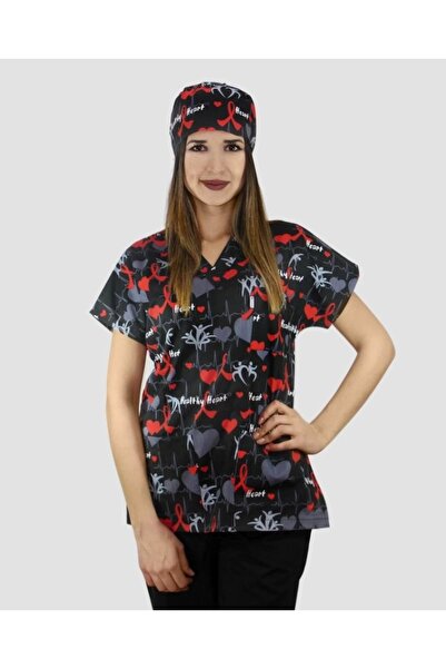 Moodamedikal Cerrahi Tek Üst Forma - Rtim Kalp Desenli Likra Kumaş