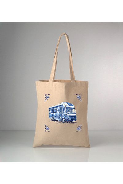 GİFTORA Special Series Delft Blue Caravan Printed Raw Cloth Shoulder Bag