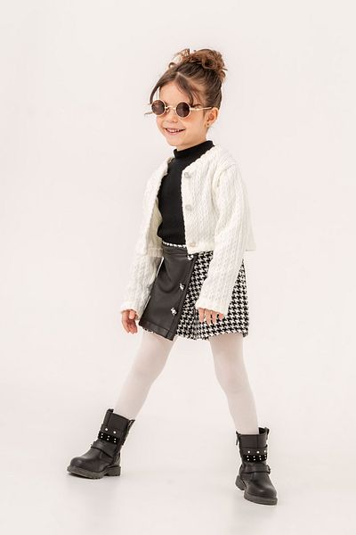 Eray Kids Girl's Houndstooth Leather Detailed Shorts Skirt Buttoned Knitwear Cardigan Set