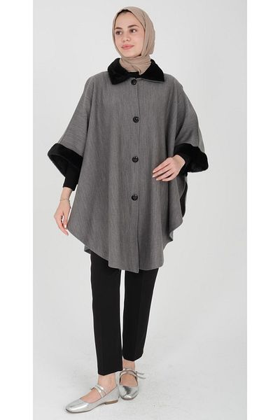 MODA MAÇKA PARK Fur Collar Strick Ponchoes with Brosch Gift