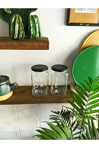 Atölye Merdiven Set of 2 Glass Jars Tea Coffee Food Arrangement Storage Container with Sugar Label