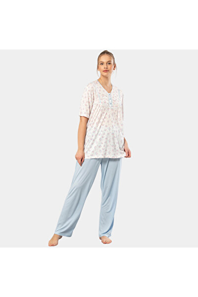 TÜREN Printed Buttoned Plus Size Short Sleeve Pajama Set 3369/Blue