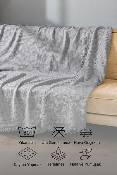 OTEXSA Light Gray 4-Layer Double-Sided Muslin Sofa Cover (200 X 220cm- Ice Blue)