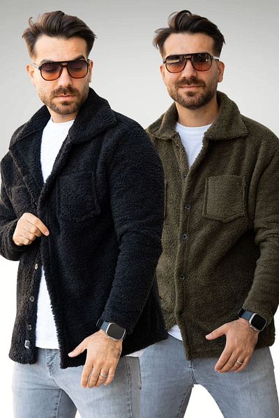 Know Men's Black Khaki Shirt Collar Chest Pocket Detailed Buttoned Fleece Jacket Set of 2