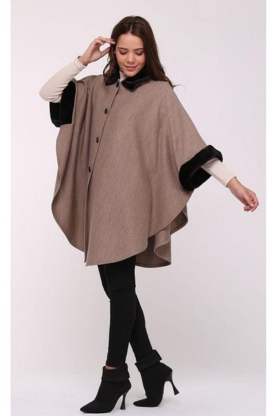 MODA MAÇKA PARK Fur Collar Strick Ponchoes with Brosch Gift