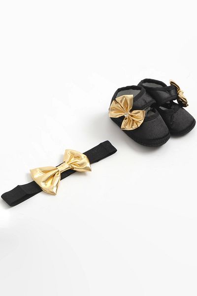 LOGO AKSESUAR 0-3 Months Newborn Black Baby Bandana and Booties Set