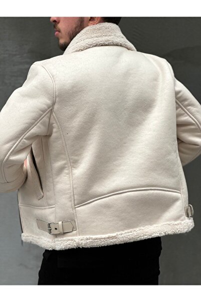 He Brand Ανδρικό δερμάτινο παλτό Napa με λευκή πέτρα με επένδυση από γούνα με επίπεδο φερμουάρ