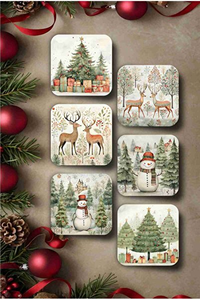 Happy New Year - New Year - Merry Christmas Themed Wood Coaster Set 6pcs