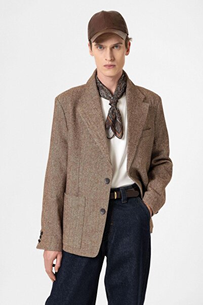 Antioch Kahve Balıksırtı Desenli Oversize Erkek Blazer Ceket