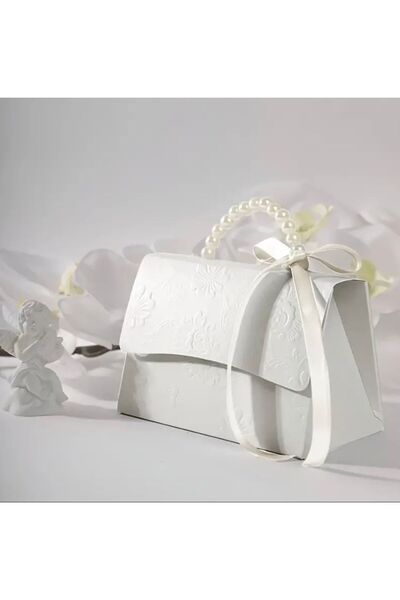 Kutumania Beyaz Incili Kurdeleli Çanta Şeklinde Düğün, Nişan, Kına, Doğumgünü...