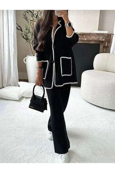 Mistanbul Shepherd's Stitched Premium Knitwear Black Set with Pocket Detail