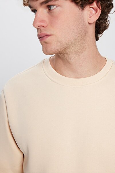 Tudors Unisex Oversize Φαρδύ βαμβακερό φούτερ με απαλή υφή μπεζ χρώμα με λαιμόκοψη με φλις εσωτερικά