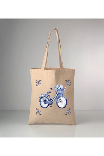 GİFTORA Special Series Delft Blue Bicycle Printed Raw Cloth Shoulder Bag