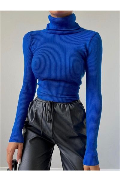 Buteks Bluză pulover cu gât din lycra din bumbac albastru Jacquard Saks