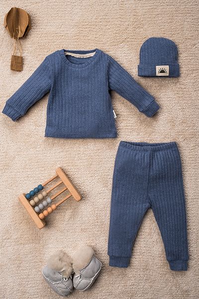 TRENDYOLKIDS Indigo 3-Piece Knitted Set for Baby Boy - Tkdaw25Au00177