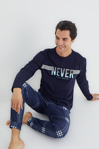 Trendyol Collection Námořnická modř Regular Fit kostkované pletené pyžamo Set Tmnaw25Pt00061