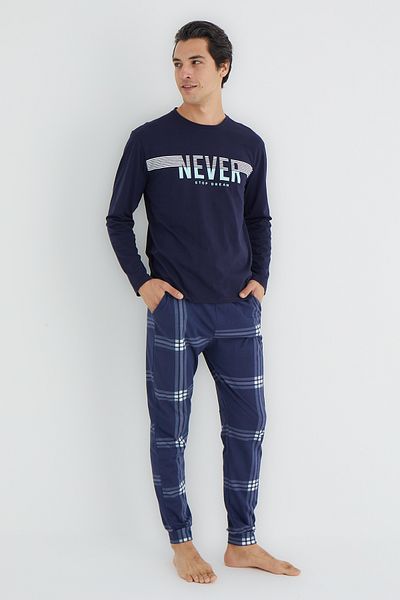 Trendyol Collection Námořnická modř Regular Fit kostkované pletené pyžamo Set Tmnaw25Pt00061