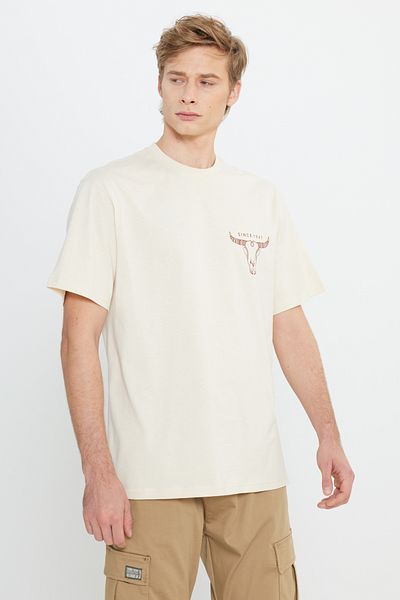WRANGLER Ανδρικό μπλουζάκι με στάμπα από 100% βαμβάκι, χαλαρή εφαρμογή, χαλαρή κοπή, ανδρική λαιμόκοψη εκρού