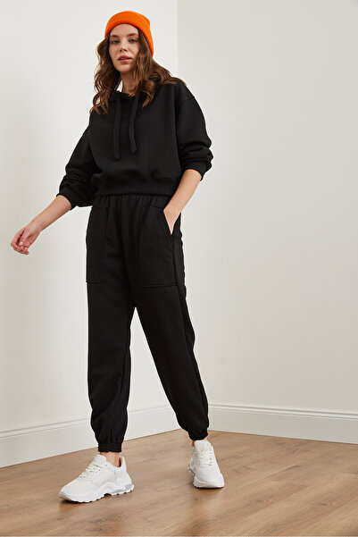 Olalook Black Waffle Jogger Women's Sweatpants with Pockets Essf- 00000079