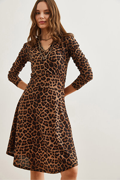 Olalook Kadın Leopar Kahve Kruvaze Örme Elbise ELB-19000962