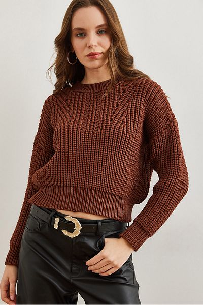 Olalook Women's Bitter Brown Crew Neck Thick Knit Loose Knitwear Sweater Kzk- 19000856