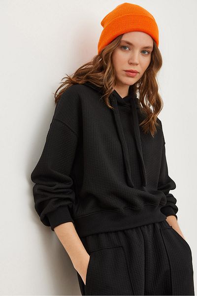 Olalook Schwarzes Damen-Sweatshirt mit Waffelmuster und Kapuze – SWT- 19000708