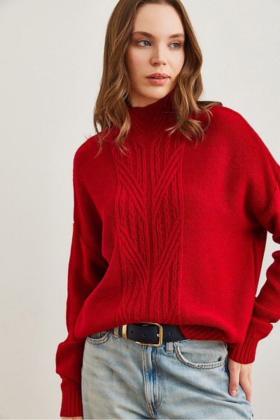 Olalook Women's Red Stand Collar Mid Hair Braided Knitwear Sweater Kzk- 19000912