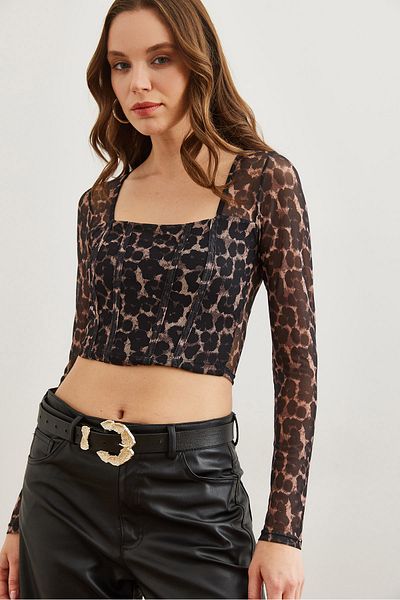 Olalook Γυναικεία μαύρη μπροστινή γραμμή Crop Leopard Tulle Μπλούζα BLZ- 19002790