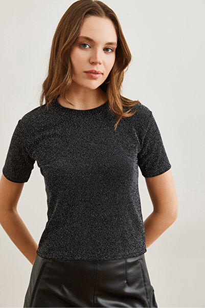 Olalook Dámská černá blůza s výstřihem a výstřihem stříbřitá lesklá Crop Blz- 19002787