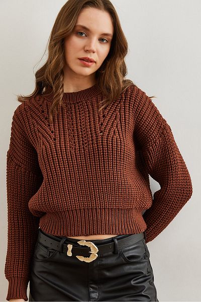 Olalook Women's Bitter Brown Crew Neck Thick Knit Loose Knitwear Sweater Kzk- 19000856