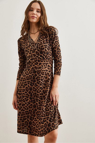 Olalook Women's Leopard Brown Double Breasted Knitted Dress Elb- 19000962
