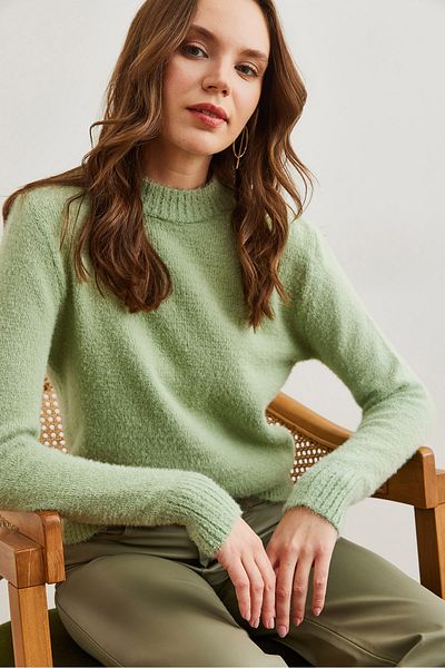 Olalook Women's Mint Green Crew Neck Soft Textured Beard Sweater Kzk- 19000858