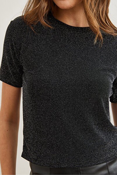 Olalook Dámská černá blůza s výstřihem a výstřihem stříbřitá lesklá Crop Blz- 19002787