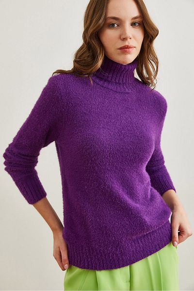 Olalook Women's Purple Turtleneck Soft Textured Bearded Knitwear Sweater Kzk- 19000861