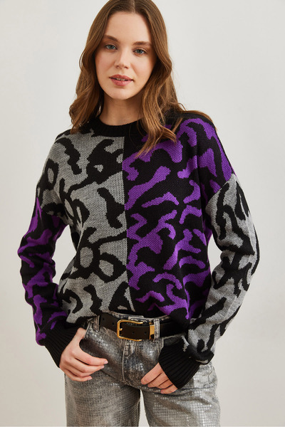 Olalook Kadın Mor Leopar Bloklu Triko Kazak KZK-19000832