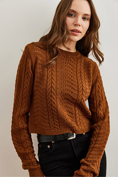 Olalook Kadın Deve Tüyü Dalga Örgüllü Crop Triko Kazak KZK-19000822