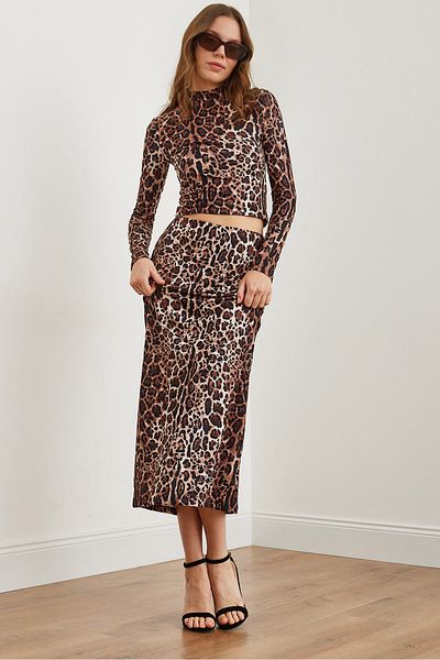 Olalook Γυναικεία καφέ σουέντ με υφή Leopard Pencil φούστα ETK- 19000290