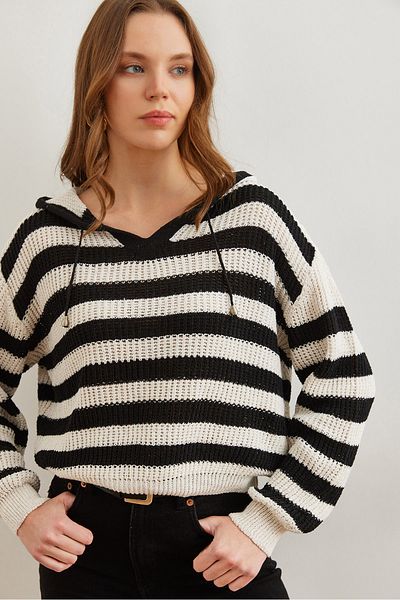 Olalook Schwarze, durchbrochene, gestreifte Strickbluse mit Kapuze – BLZ- 19002791