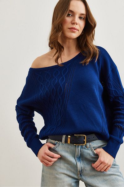 Olalook Women's Navy Blue Openwork Boat Neck Sweater Kzk- 19000830
